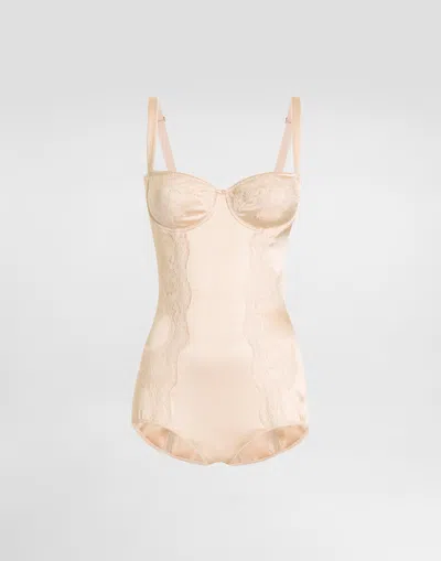 Dolce & Gabbana Silk Balconette Bodysuit With Lace In Pink