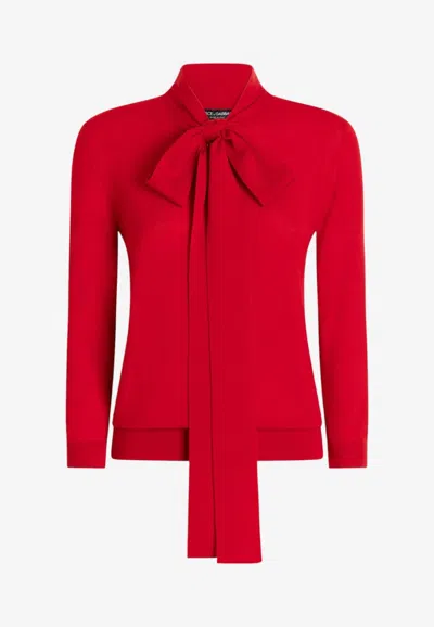 Dolce & Gabbana Smooth Virgin Wool Sweater With Bow In Red