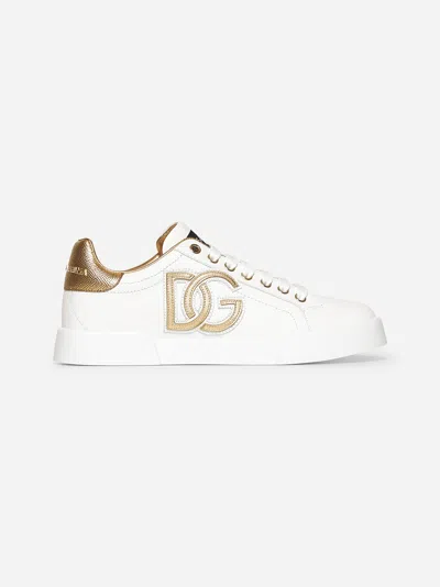 Dolce & Gabbana White Leather Portofino Light Trainers In Gold