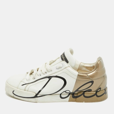 Pre-owned Dolce & Gabbana White/gold Leather And Patent Logo Print Portofino Trainers Size 38.5