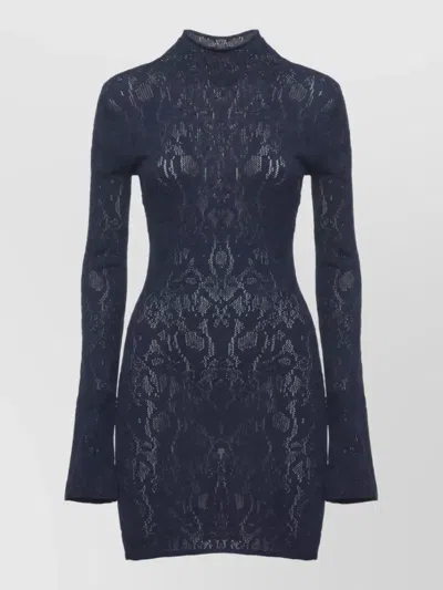 Dondup Lace High-neck Long-sleeve Mini Dress In Blue