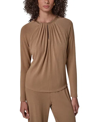 Donna Karan Dkny Embellished Knit Gathered Blouse In Brown