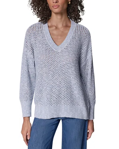 Donna Karan Weekend Cotton Slub Lurex Open Stitch V Neck Sweater In Blue