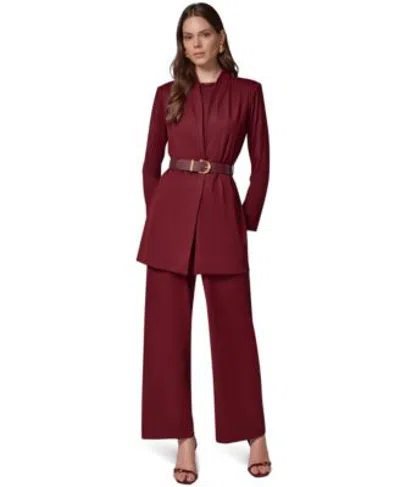 Donna Karan Womens Knit Belted Collarless Blazer Beaded Boat Neck Sleeveless Camisole Wide Leg Pull On Elastic W In Metallic