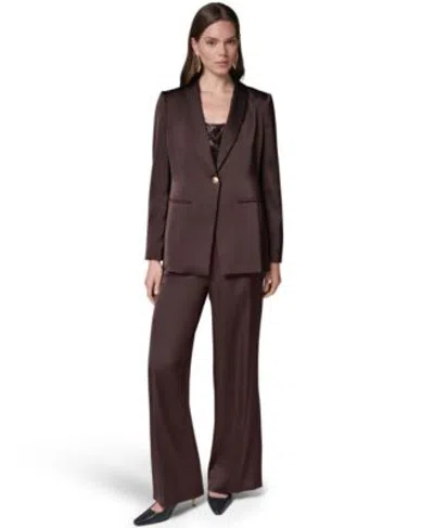 Donna Karan Womens Satin Shawl Lapel Shoulder Padded Blazer Wide Leg Satin Side Zip Pants In Brown
