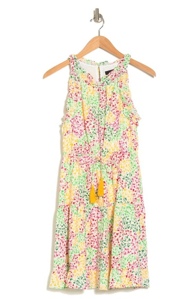 Donna Morgan Floral Ruffle Sleeveless Linen Blend Minidress In Ivory/ Yellow/ Hot Pink/ Green