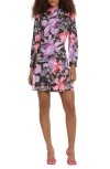 Donna Morgan For Maggy Floral Long Sleeve Minidress In Black/ Lilac