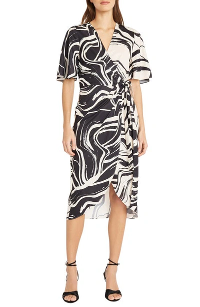 Donna Morgan For Maggy Reverse Print Wrap Midi Dress In Black/ Cream