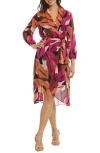 Donna Morgan For Maggy Waist Tie Long Sleeve Dress In Black/ Fuschia