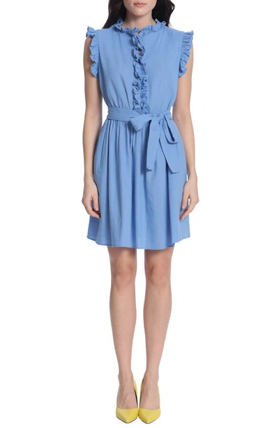 Donna Morgan Ruffle Neck Linen Blend Minidress In Cornflower Blue | ModeSens