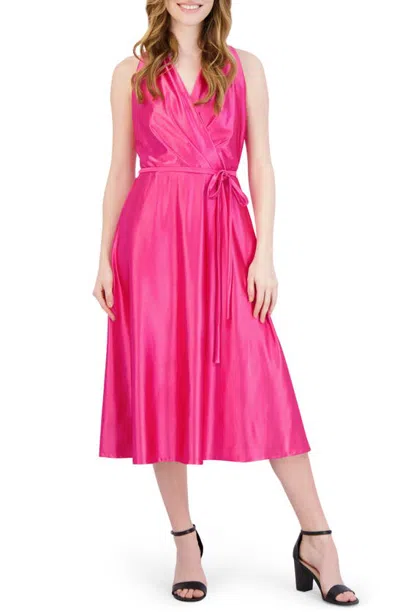 Donna Ricco Halter Neck Satin Faux Wrap Midi Dress In Pink