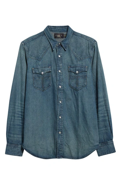 Double Rl Buffalo West Slim Fit Denim Western Snap-up Shirt In Dark Wash