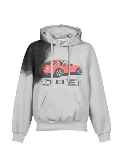 Doublet Exhaust Stained Drawstring Cotton Hoodie In Gray
