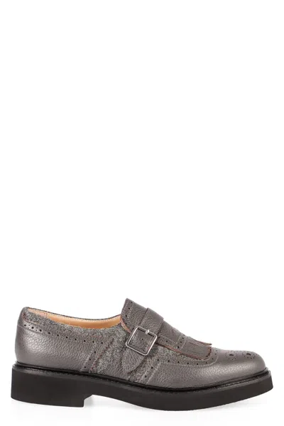 Doucal's Grey Leather Shoes With Buckle And Fringes In Brown