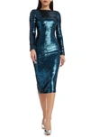 Dress The Population Emery Long Sleeve Sequin Cocktail Midi Dress In Deep Teal