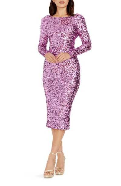 Dress The Population Emery Long Sleeve Sequin Cocktail Midi Dress In Lilac