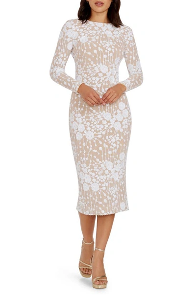 Dress The Population Emery Sequin Long Sleeve Body-con Midi Dress In White/ Beige