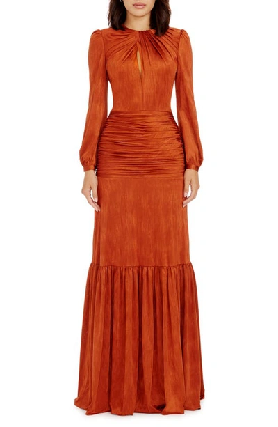 Dress The Population Lucille Pleated Ruched Long Sleeve Gown In Orange