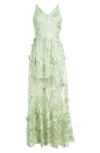 Dress The Population Sidney Deep V-neck 3d Lace Gown In Sage
