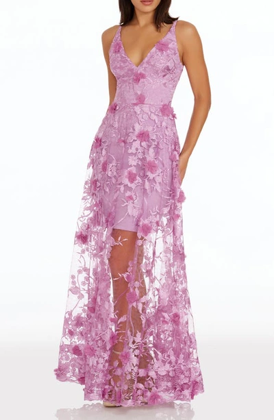 Dress The Population Sidney Deep V-neck 3d Lace Gown In Lavender