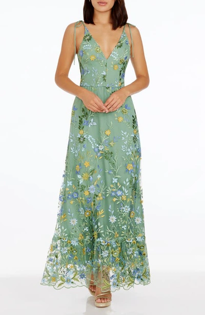 Dress The Population Sunny Embroidered Floral A-line Gown In Sage Multi