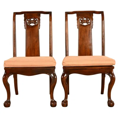 Pre-owned Drexel Heritage Hollywood Regency Chinoiserie Sculpted Mahogany Side Chairs In Brown