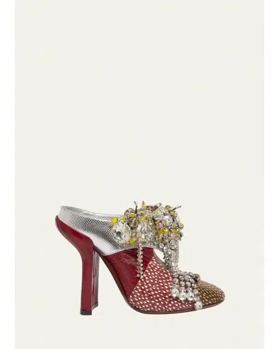 Dries Van Noten 100mm Embellished Mixed Leather Mule Pumps In Burgundy