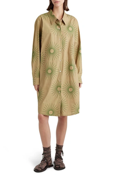 Dries Van Noten Burst Embroidered Long Sleeve Cotton Poplin Shirtdress In 中性色