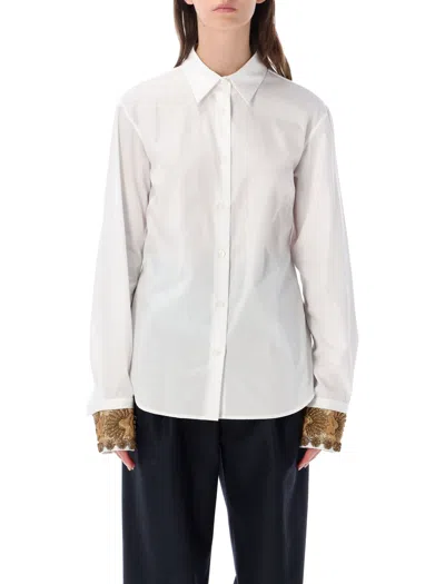 Dries Van Noten Embellished Cuff Cotton Button-up Shirt In White