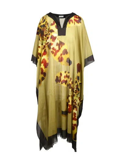 Dries Van Noten Flowing Cotton Kaftan With Abstract Leopard Print And Contrast Trim In Brown