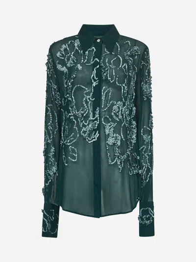 Dries Van Noten Green Georgette Embroidered Shirt