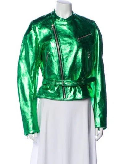 Pre-owned Dries Van Noten Leather Biker Jacket In Green/metallic