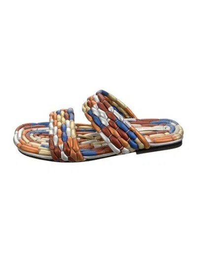 Pre-owned Dries Van Noten Leather Patterned Slides In Blue/metallic/silver