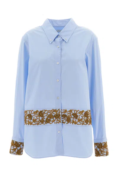 Dries Van Noten Light Blue Gold Bead Embroidered Cotton Poplin Shirt In Multi