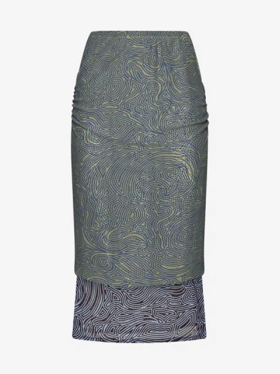 Dries Van Noten Print Mesh Layered Skirt In Khaki,multicolor