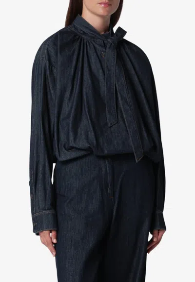 Dries Van Noten Tie-neck Gathered Denim Blouse In Blue