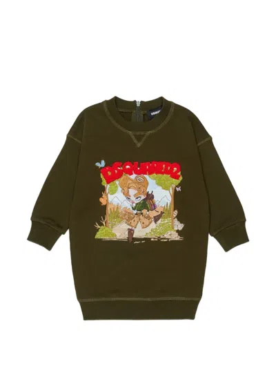 Dsquared2 Babies' Cartoon-print Logo-patch Dress In Green