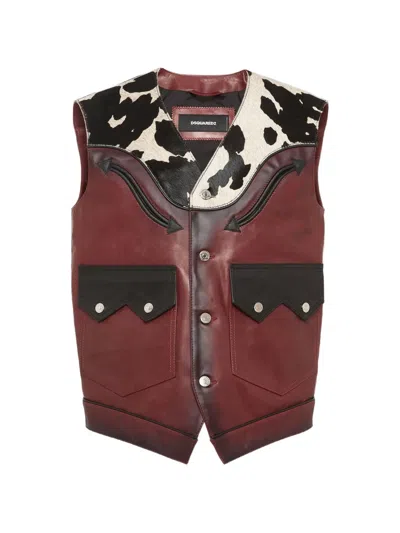 Dsquared2 Cow-print Front-pocket Leather Gilet In Burgundy