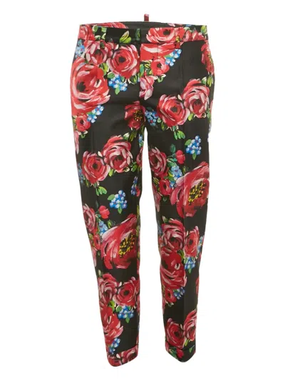 Pre-owned Dsquared2 Floral-print Silk Trousers In Black