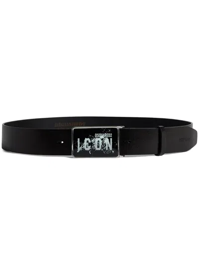 Dsquared2 Icon Leather Buckle Belt In Black