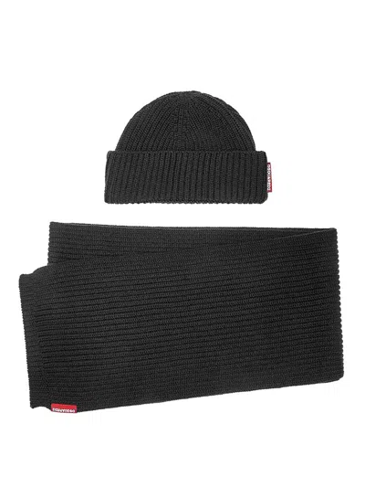 Dsquared2 Knit Scarf Beanie In Black