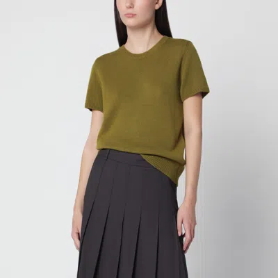 Dunst Olive Green Wool Blend Short-sleeved Top With Ribbed Trims