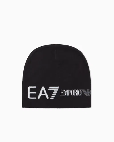 Ea7 Knitted Beanie Hat In Acrylic In Black