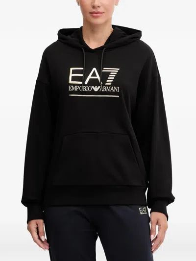 Ea7 Logo Hooded Top In Black