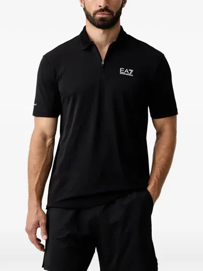 Ea7 Logo-print Zip-neck Polo Shirt In Black