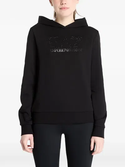 Ea7 Rhinestone-logo Hoodie In Black