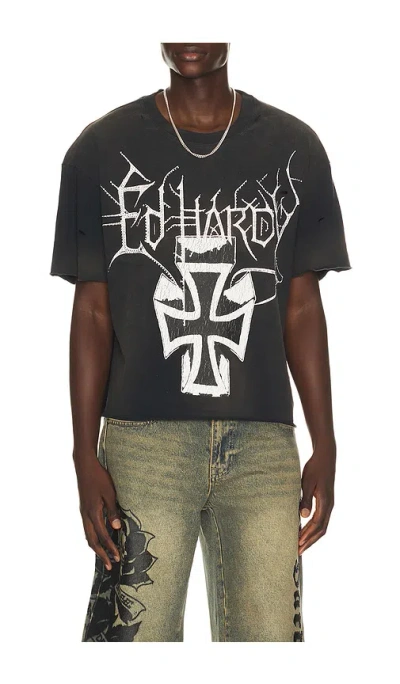 Ed Hardy By Appointment Only Cross Cropped Boxy Tee In Vintage Black