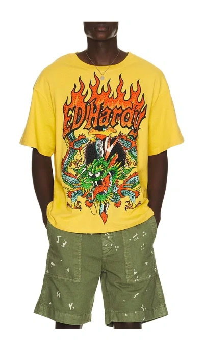 Ed Hardy Dragons Boxy Rhinestone Tee In Mustard