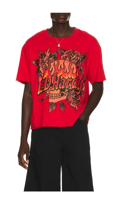 Ed Hardy Skull Roses Boxy Cropped Tee In Mineral Red