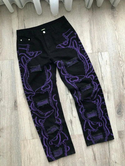 Pre-owned Ed Hardy Style Embroider Jeans Black/purple Pants Vintage
